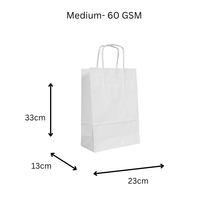 White Kraft Paper Gift Bags - Medium Small 60 GSM - L33 x W23- 25 Pack