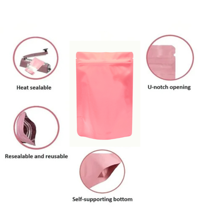 Stand Up Resealable Pouch Bags 130mm x 200mm - 100 Piece- Pink