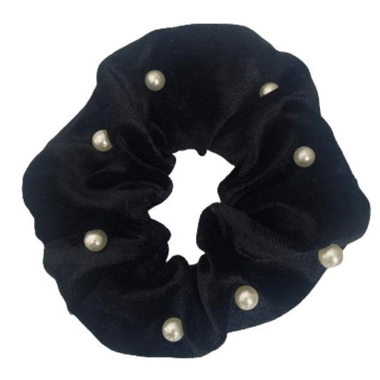 Scrunchie- Black Velvet - Pearl beads - 1 Pack