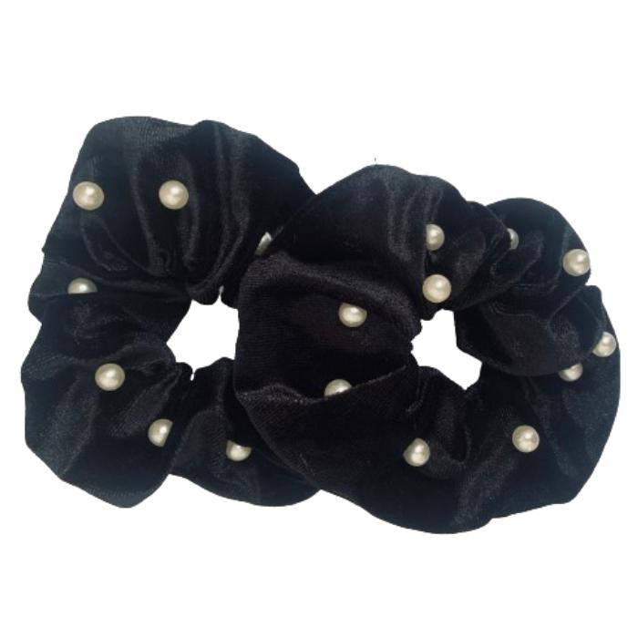 Scrunchie- Black Velvet - Pearl beads - 1 Pack