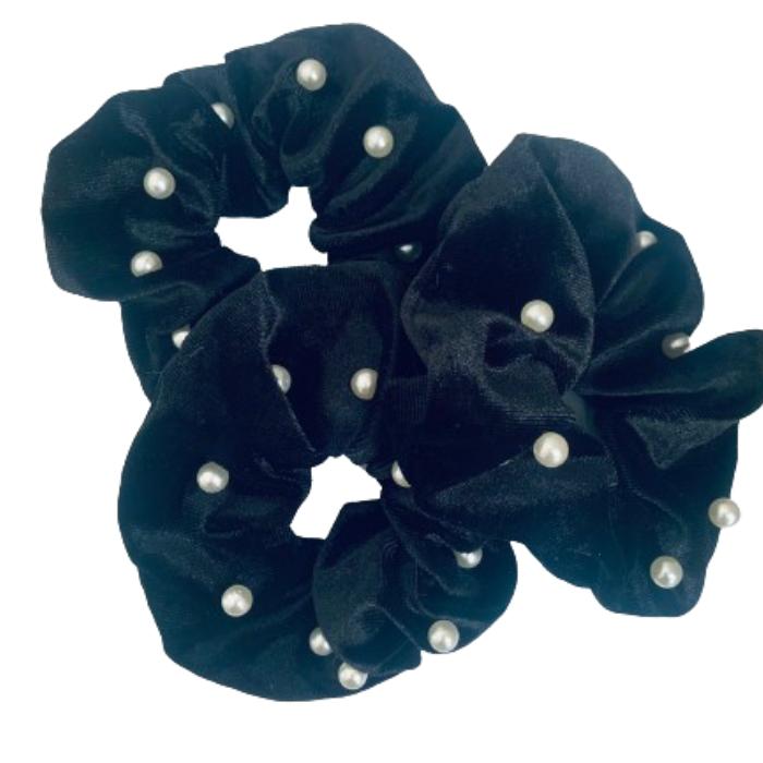 Scrunchie- Black Velvet - Pearl beads - 1 Pack