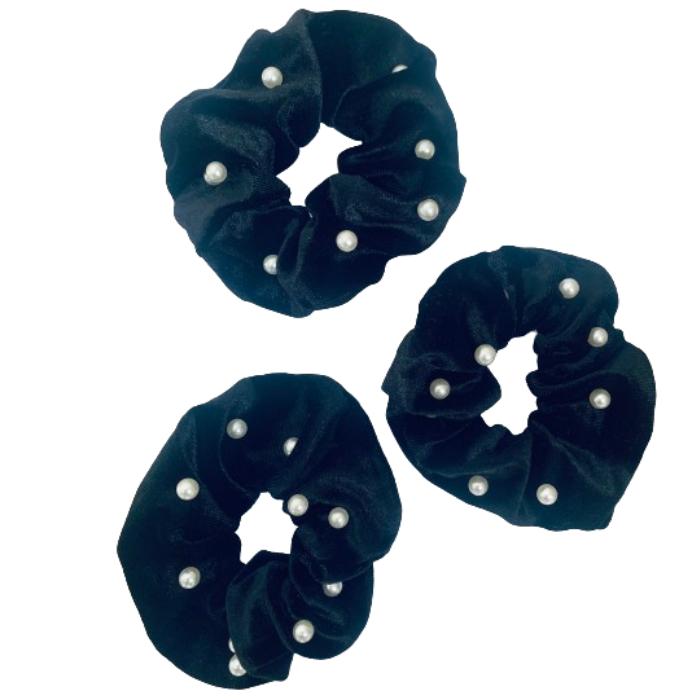 Scrunchie- Black Velvet - Pearl beads - 1 Pack